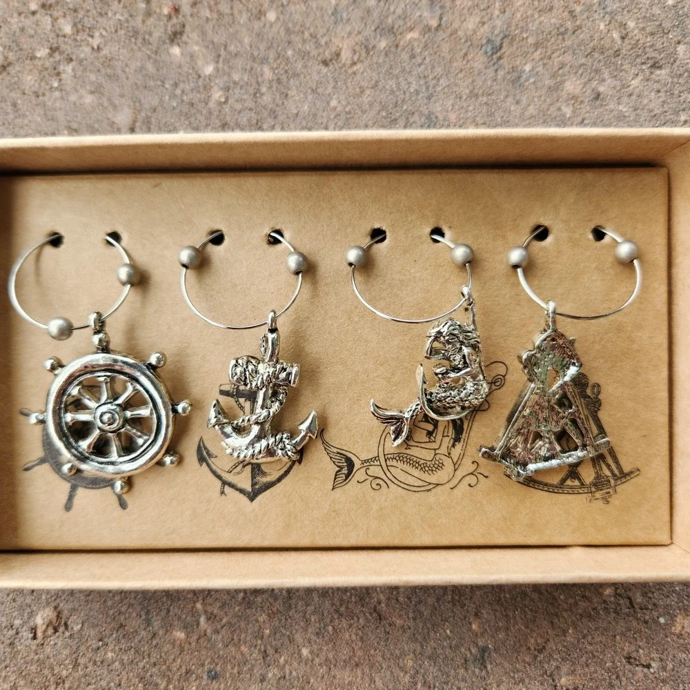 NEW Nautical Wine Glass Charms Set 4pc Silver‎ Anchor Mermaid Ship Wheel Boxed